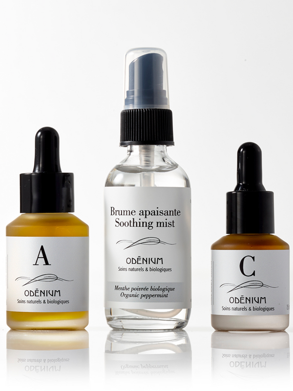 le trio de soins pour les peaux acnéiques avce le sérum A pour lutter contre les imperfections, la brume assainissante de menthe poivrée biologique et le sérum C pour atténuer les cicatrices laissées par les boutons.